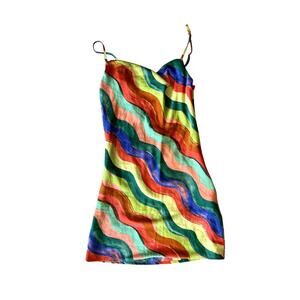 Rainbow Striped Mini Dress Silky Slipdress Women's Size Small